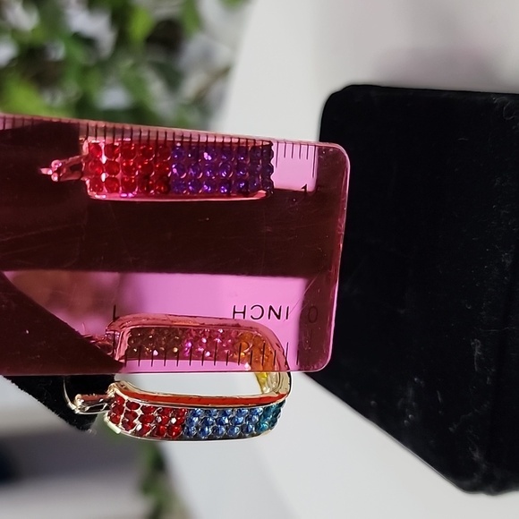 Gold with Multi Color Pave Crystal Rectangle Hoop Earrings - Picture 6 of 6